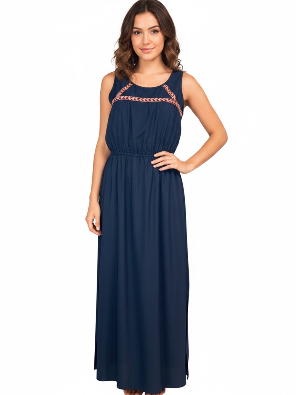 Olive & Oak Navy Maxi Dress with Coral Trim, Size Medium